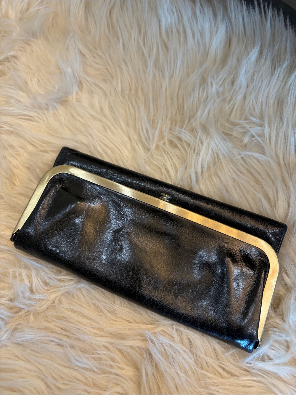 HOBO Black Leather Frame Wallet with Gold-Tone Trim
